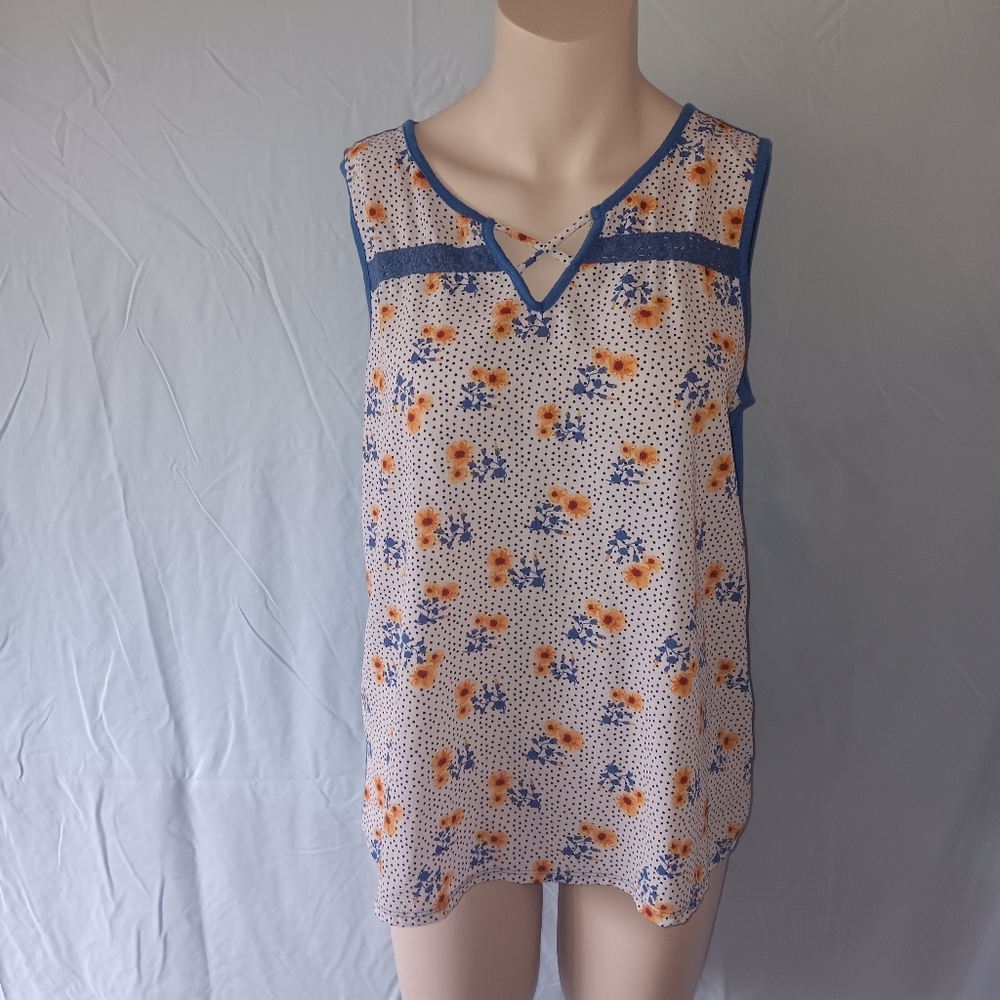 Floral Sleeveless Top - Blue and Orange